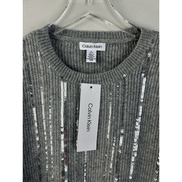 NWT Calvin Klein Sweater Womens Small Gray Sequin Crewneck Long Sleeve - Picture 8 of 11
